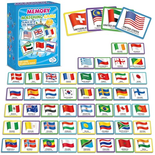 gisgfim 100 PCS Memory Matching Game Flags of The World Concentration Memory Card for Kids and Adults Learning Educational A Fun Fast Countries of The World Matching Games - Image 1