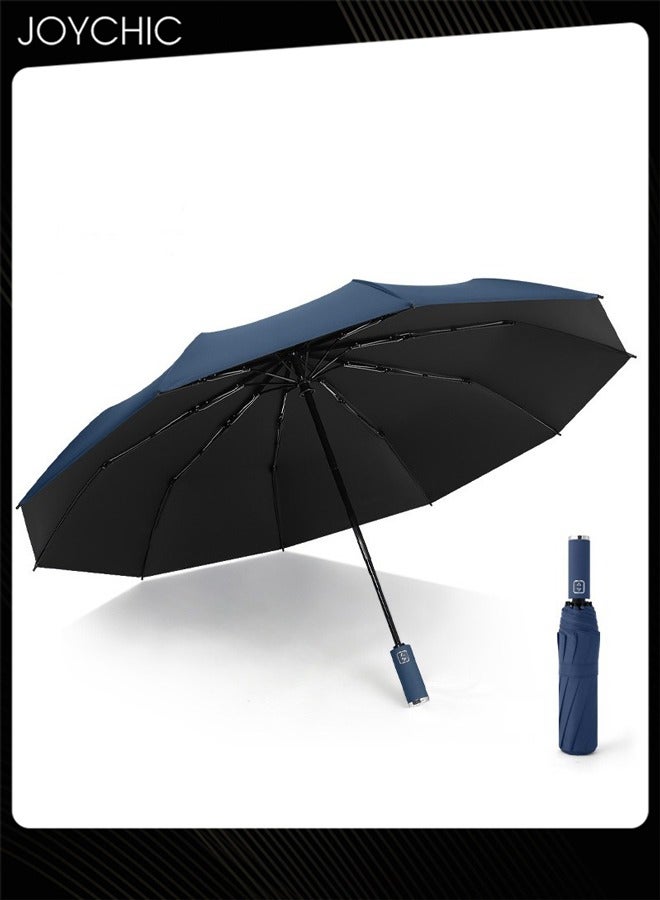 Joychic مظلة سفر للرجال والنساء مكونة من 10 أضلاع مقاومة للرياح ومدمجة أوتوماتيكية قوية وقابلة للحمل على الظهر للمطر والشمس، أزرق داكن - Image 1