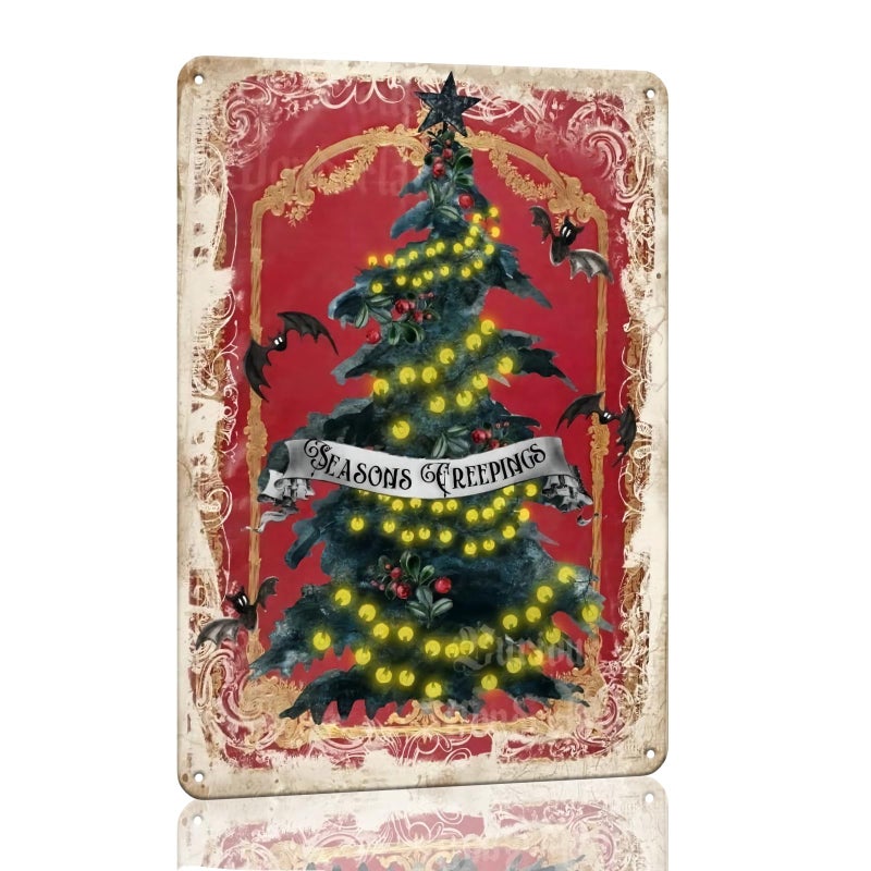 Hyanke Gothic Christmas Tree Sign  Greeting Christmas Metal Sign Tag Wall Decor Tin Sign Funny Decorations for Home Cafes Office Store Pubs Club Plaque Tin Sign 12x16 Inch - Image 1