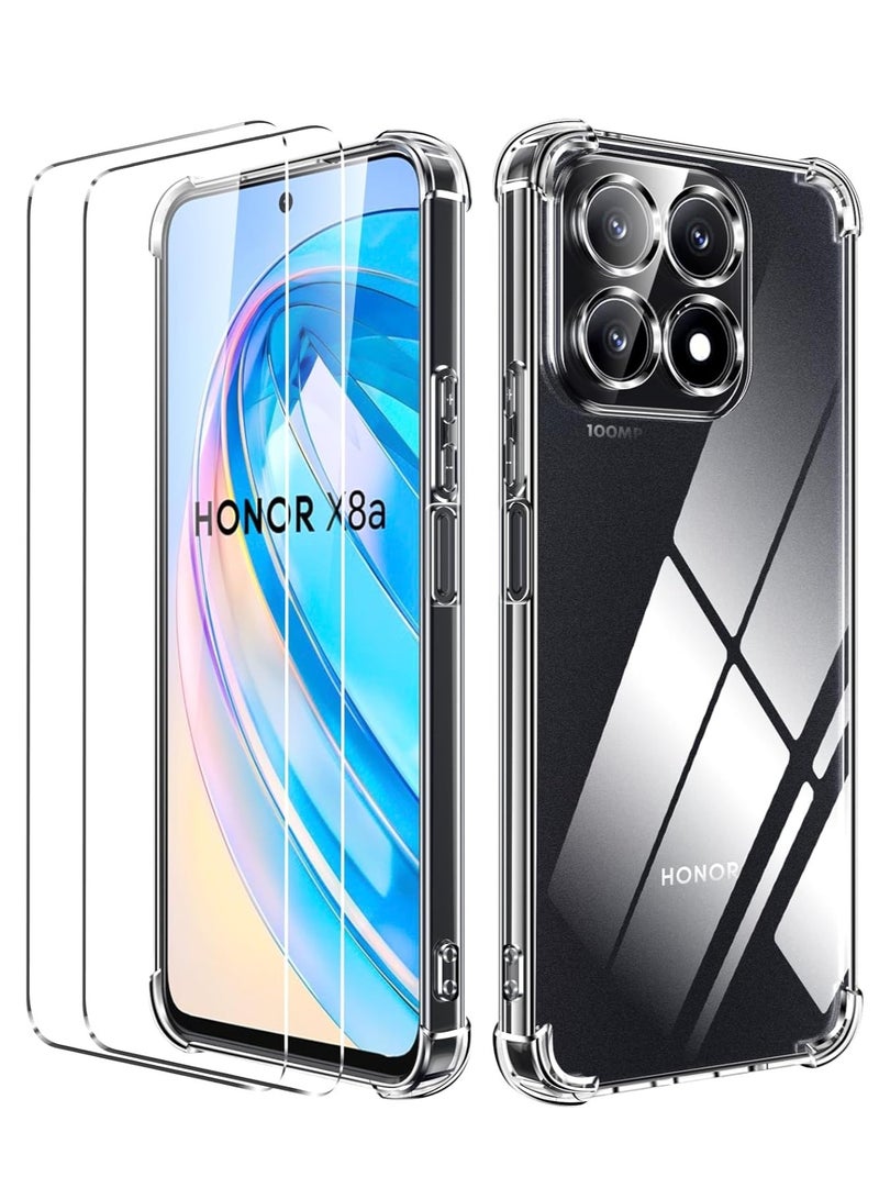ELTRAZONE Case for Honor X8a with 2 Pieces Tempered Glass Screen Protector – Soft Clear TPU Cover, Shockproof Air Cushion Bumper Protection - Image 1