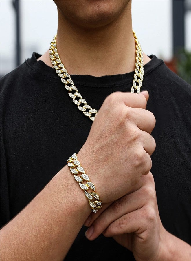 Saintda Gold Cuban Link Chain For Men Women Necklace Bracelet Jewelry Set Fake Diamond Iced Out Mens Bling Thick Necklaces Choker Chains (Gold-14mm,18inch) - Image 2