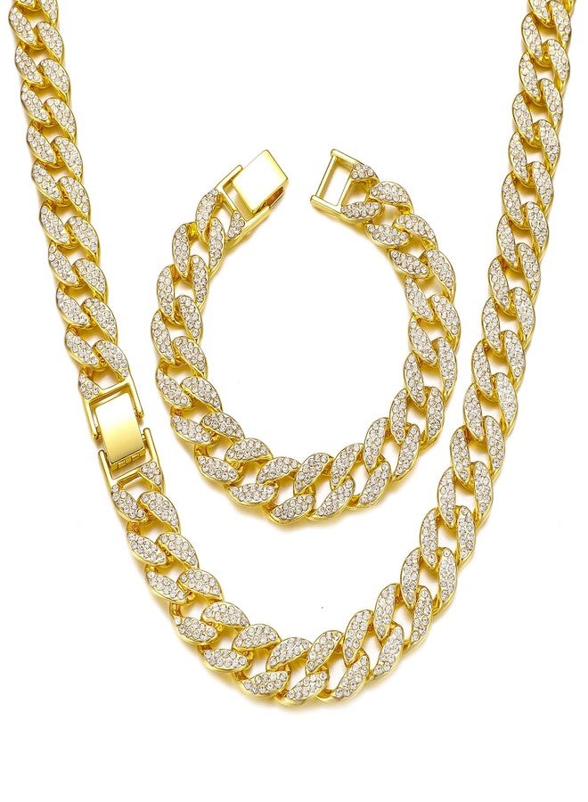 Saintda Gold Cuban Link Chain For Men Women Necklace Bracelet Jewelry Set Fake Diamond Iced Out Mens Bling Thick Necklaces Choker Chains (Gold-14mm,18inch) - Image 1