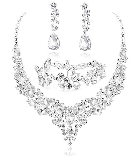 LOYALLOOK Teardrop Cluster Rhinestone Crystal Bridal Jewelry Set for Women Statement Choker Necklace Teardrop Dangle Earrings Crystal Bracelets Sets for Bridesmaid Wedding Party Prom - Image 1
