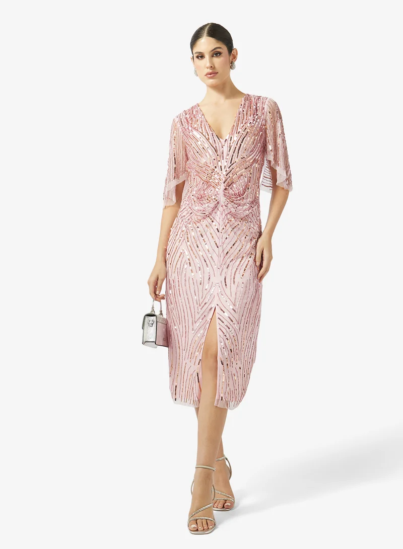 Amelia Rose  Crew Neck Front Slit Midi Dress for Women | Best Price UAE