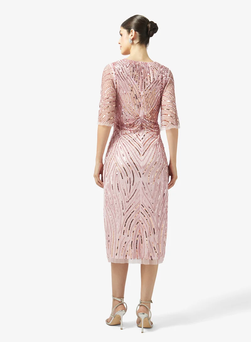 اميليا روز فستان ميدي بفتحة أمامية وياقة دائرية