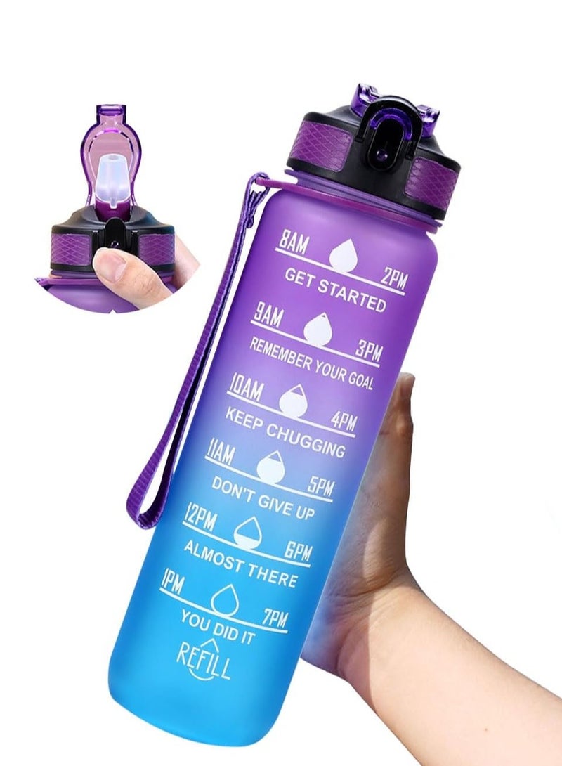 ECVV زجاجة ماء تحفيزية ECVV® سعة 35 أوقية/1 لتر مع علامة زمنية وعبارة تشجيعية - خالية من BPA، مضادة للتسرب بفم واسع، تقنية تدفق سريع، مثالية للترطيب اليومي (لون بنفسجي أزرق) - Image 1