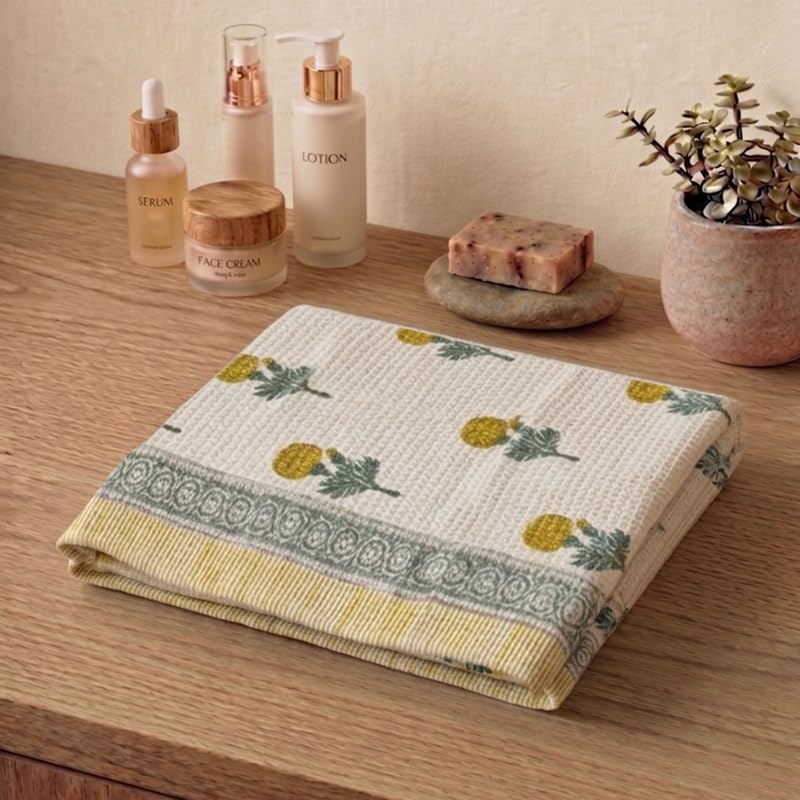 Peepul Tree Block Printed Hand and Bath Towels, Super Absorbent, Soft & Faster Drying, Floral Printed 100% Pure Cotton, 240 GSM (2 Hand 2 Bath Towel Set, Blue) - Image 2