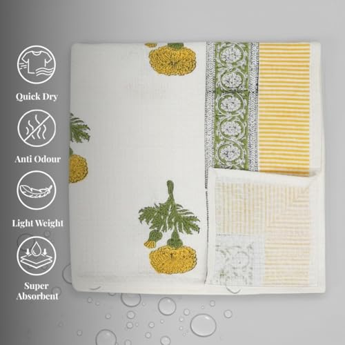 Peepul Tree Block Printed Hand and Bath Towels, Super Absorbent, Soft & Faster Drying, Floral Printed 100% Pure Cotton, 240 GSM (2 Hand 2 Bath Towel Set, Blue) - Image 4