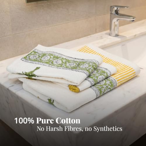 Peepul Tree Block Printed Hand and Bath Towels, Super Absorbent, Soft & Faster Drying, Floral Printed 100% Pure Cotton, 240 GSM (2 Hand 2 Bath Towel Set, Blue) - Image 3
