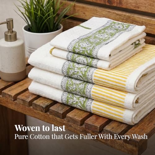Peepul Tree Block Printed Hand and Bath Towels, Super Absorbent, Soft & Faster Drying, Floral Printed 100% Pure Cotton, 240 GSM (2 Hand 2 Bath Towel Set, Blue) - Image 5