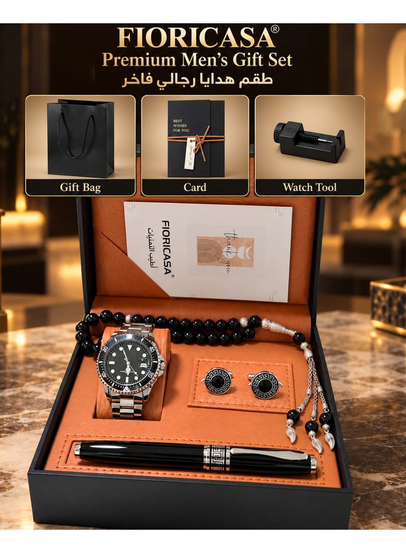 فوريكاسا فلوريكاسا طقم هدايا رجالي فاخر مع ساعة يد وقلم وأزرار أكمام وسبحة، علبة هدايا فاخرة وحقيبة وبطاقة تهنئة - Image 1