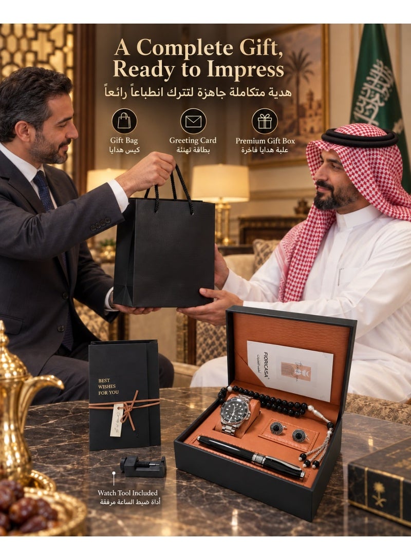 فوريكاسا فلوريكاسا طقم هدايا رجالي فاخر مع ساعة يد وقلم وأزرار أكمام وسبحة، علبة هدايا فاخرة وحقيبة وبطاقة تهنئة - Image 2