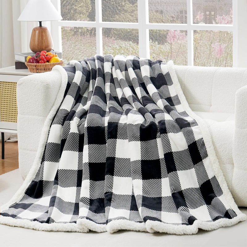Pu Mei Sherpa Fleece Throw Blanket 60"" X 80"" Reversible Plush Fluffy Large Big Blanket Lattice Flannel Blankets For All Season Use  Black And White - Image 1