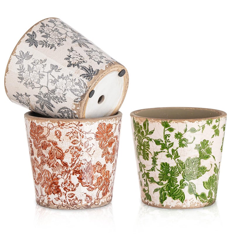 Sungmor Vintage Ceramic Planter Set of 3 - Decorative Indoor & Outdoor Flower Pots with Drainage Holes - Tuscan DÃ©cor Pots, 5.5" Ice Crackle Glaze Planters for Home, Kitchen, Patio, and Garden - Image 1