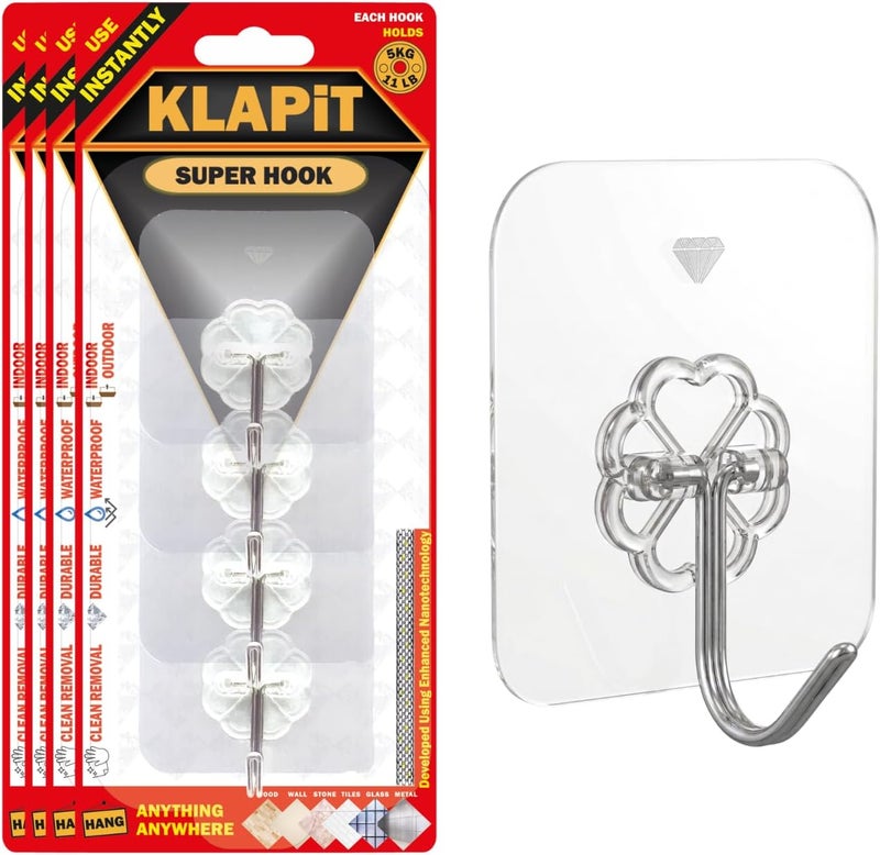 KLAPiT Wide use compliant quality SUPER HOOK Heavy Duty Adhesive, Holds 11 pounds or 5Kg Weight, Waterproof and Damage Free for Wall, Tile, Wood, Stone, Glass, Metal, Made of Steel (Clear, 16 pc) Anti topple design - Image 1