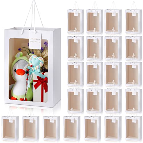 Yahenda 24 Pcs Graduation Gift Bags with Clear Window 13.8 x 9.8 x 5.9 Large Transparent Paper Flower Bouquet Bags Totes with Handle for Grad Wedding Birthday(White) - Image 1