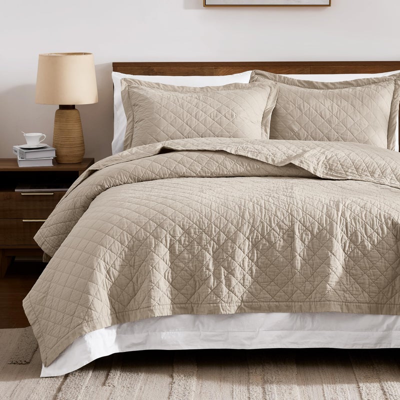 WDCOZY 100% Pre-Washed Cotton King Size Quilt Set - Beige Neutral Ruffle Box Soft Lightweight Bedspread, Textured Like Linen, Farmhouse Country Rustic Coverlet, Shabby Chic Gauze Bedding, 3 Pieces - Image 1