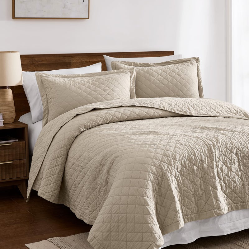 WDCOZY 100% Pre-Washed Cotton King Size Quilt Set - Beige Neutral Ruffle Box Soft Lightweight Bedspread, Textured Like Linen, Farmhouse Country Rustic Coverlet, Shabby Chic Gauze Bedding, 3 Pieces - Image 2