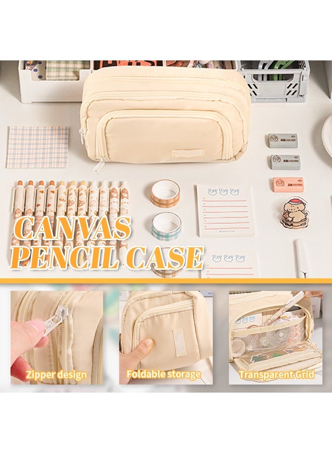 Durable Ripstop Canvas Pencil Case 3-Layer Extra Large Stationery Case with Mesh Storage Portable Foldable Organizer for Stationery, Cosmetics & Small Items - Image 3