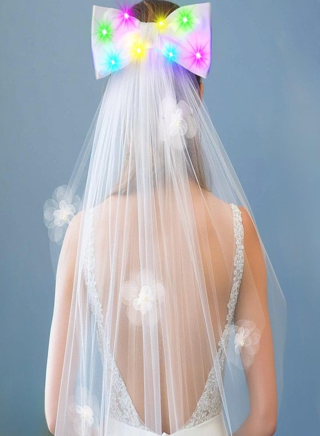 EARENT Light Up Tulle Bow Veil Bridal White Hair Clip Wedding Hair Accessories for Women (B-Colored) - Image 1