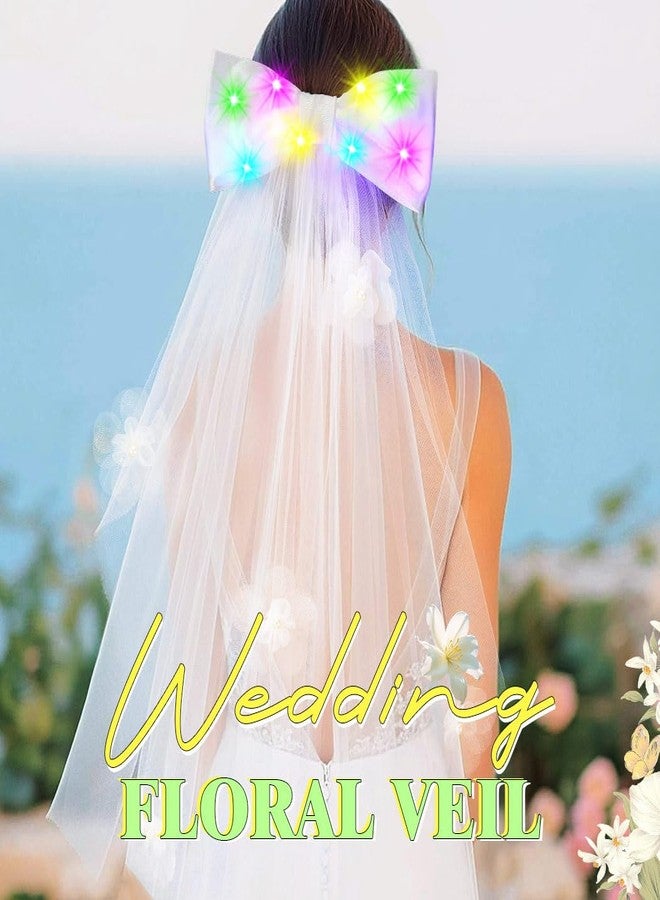 EARENT Light Up Tulle Bow Veil Bridal White Hair Clip Wedding Hair Accessories for Women (B-Colored) - Image 5