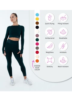 Bernessi Turkiye Nylon Long Sleeve Crop Top with Round Neck Women's Cropped T Shirt for Workout Yoga Running Exercise Textured Green Moss  - Image 5
