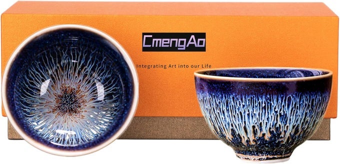 BLUE TENMOKUS TEA CUPS SET OF 2 HANDMADE JIANZHAN CERAMIC TEACUPS WITH STARRY SKY GLAZE TRADITIONAL CHINESE STYLE ZEN DECOR GIFT COLLECTION 473 OZ SMALL CHA WAN BOWL