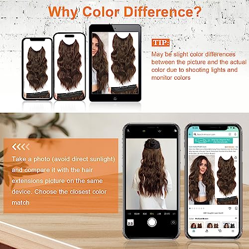 BUPPLER Halo Hair Extensions 20 Inch Invisible Wire Hair Extensions Adjustable Long Wavy Hairpiece Synthetic Upgrade 4 Secure Clips in Hairpieces 20 Inch,Medium Brown - Image 2