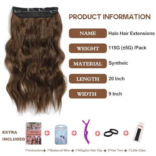 BUPPLER Halo Hair Extensions 20 Inch Invisible Wire Hair Extensions Adjustable Long Wavy Hairpiece Synthetic Upgrade 4 Secure Clips in Hairpieces 20 Inch,Medium Brown - Image 3