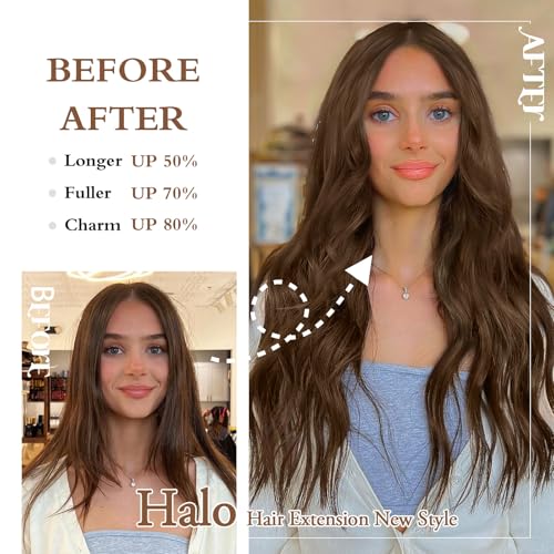 BUPPLER Halo Hair Extensions 20 Inch Invisible Wire Hair Extensions Adjustable Long Wavy Hairpiece Synthetic Upgrade 4 Secure Clips in Hairpieces 20 Inch,Medium Brown - Image 4
