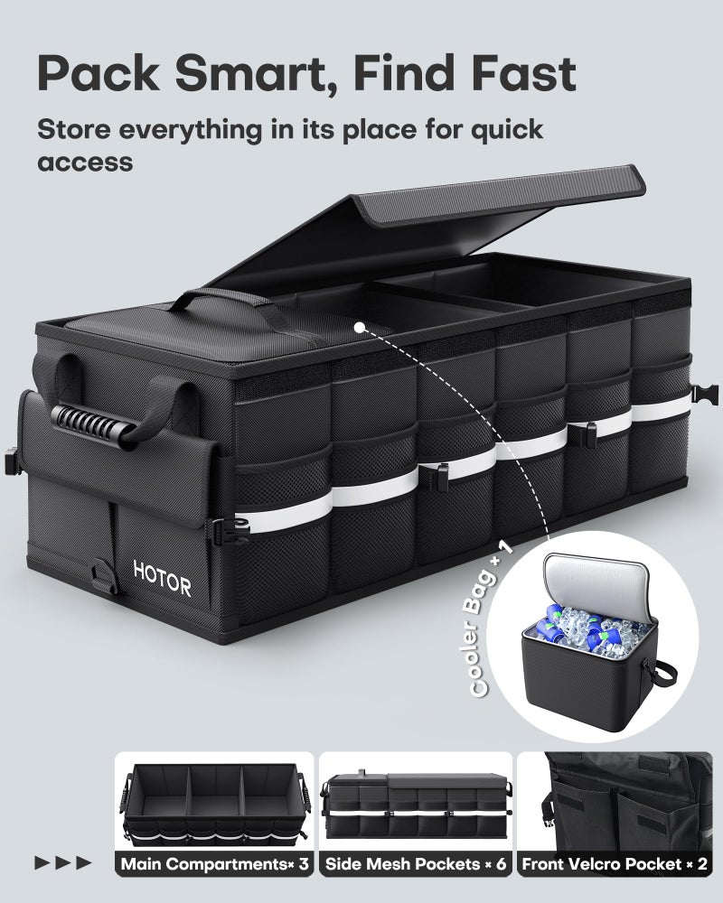 HOTOR Car Trunk Organizer - Trunk Organizer for SUV with Removable Cooler Bag, Foldable Cover, 3 Compartment Car Storage Essential Car Accessories for Truck, Van & Sedan, Black, 37.0" x 14.6" x 12.0" - Image 2
