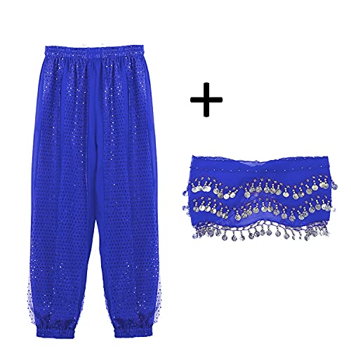 VRITRAZ Belly Dance Harem Pants with Hip Scarf Ringy Golden Coins Fancy Costume Set for Women & Girls (Royal Blue) | Chiffon Dance Pants for Party, Stage Performance & Festival Wear - Image 2