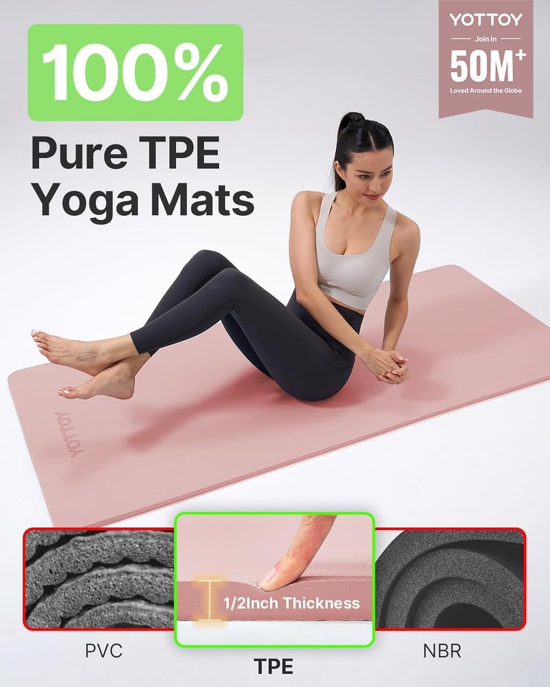 YOTTOY Yoga Matï¼ŒExtra Thick Yoga Mat (1/2inch),Professional TPE Exercise Mat,Non-Slip Workout Mat for Yoga, Pilates, Fitness, Barefoot Workouts, Home Gym Studio with Strap - Image 2