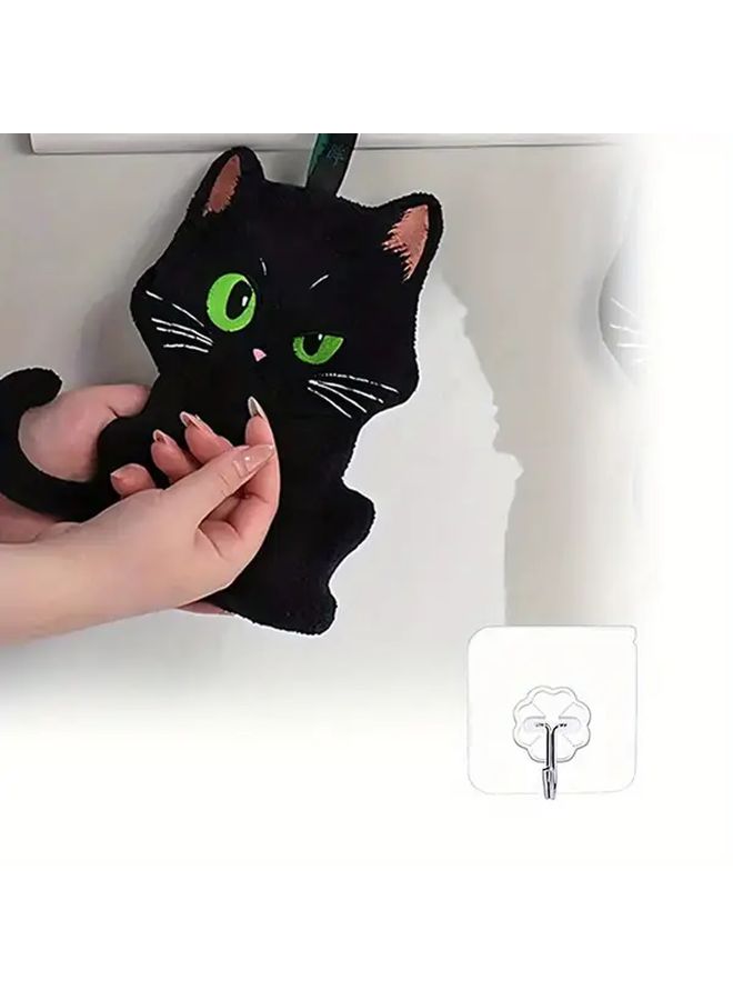 Black Cat Shaped Super Absorbent Hand Towel With Sticky Hook Coral Fleece Quick Dry Microfiber Modern Bathroom And Kitchen Decor Durable Stylish Home Accessory Playful Design Green Eyed Cat - Image 2