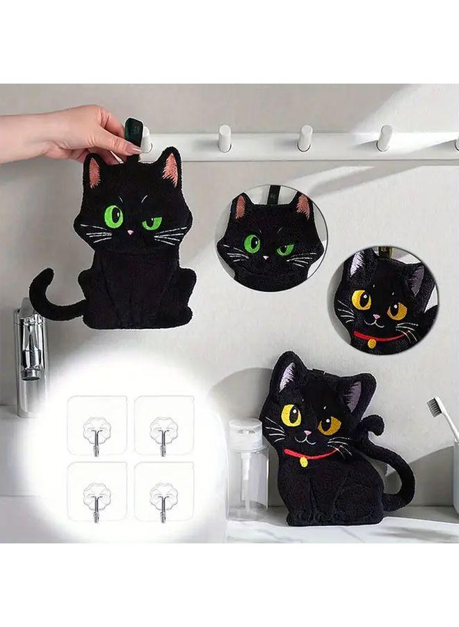 Black Cat Shaped Super Absorbent Hand Towel With Sticky Hook Coral Fleece Quick Dry Microfiber Modern Bathroom And Kitchen Decor Durable Stylish Home Accessory Playful Design Green Eyed Cat - Image 1