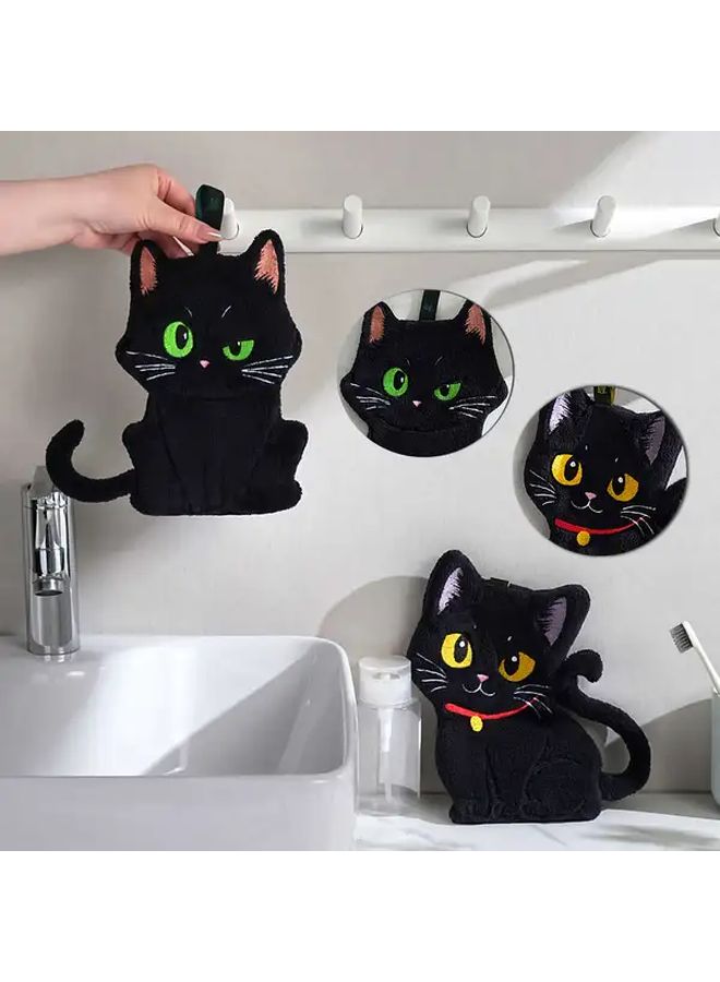 Black Cat Shaped Super Absorbent Hand Towel With Sticky Hook Coral Fleece Quick Dry Microfiber Modern Bathroom And Kitchen Decor Durable Stylish Home Accessory Playful Design Green Eyed Cat - Image 4