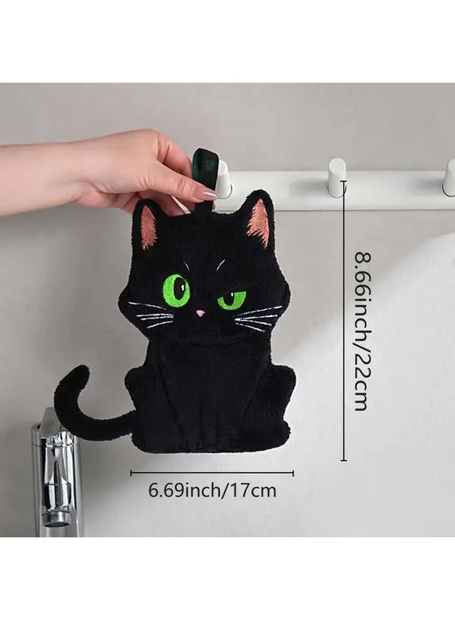 Black Cat Shaped Super Absorbent Hand Towel With Sticky Hook Coral Fleece Quick Dry Microfiber Modern Bathroom And Kitchen Decor Durable Stylish Home Accessory Playful Design Green Eyed Cat - Image 5