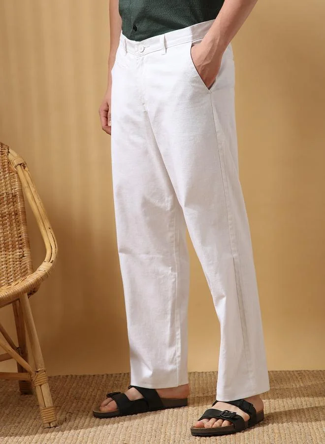 دينيس لينغو Men's White 100% Cotton Solid Pattern Full Length Chinos Straight Fit Trouser
