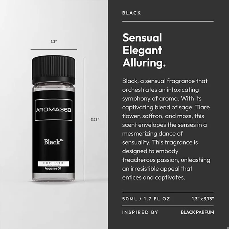 Aroma360  Black Pro-Pod Oil Blend - Hotel Inspired for Luxury Essential Oil Diffusers - Aromatherapy Scent Diffuser Oil - Sage, Tiare Flower, Saffron and Moss - 50 mL, 1.7 fl oz  | Best Price UAE