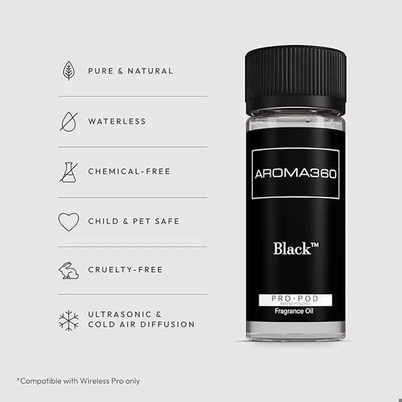 أروما 360  Black Pro-Pod Oil Blend - Hotel Inspired for Luxury Essential Oil Diffusers - Aromatherapy Scent Diffuser Oil - Sage, Tiare Flower, Saffron and Moss - 50 mL, 1.7 fl oz