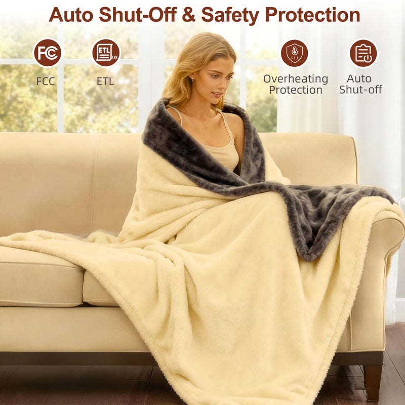 Eastsora Electric Heated Blanket Throw 50" x 60" Soft Dual-Sided Flannel Fast Heating 12 Heat Levels 1â€“12H Timer & Overheat Protection & Auto Shut-Off & Machine Washable (Milky White & Gray) - Image 5