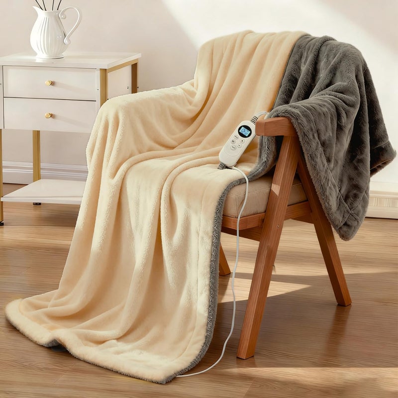 Eastsora Electric Heated Blanket Throw 50" x 60" Soft Dual-Sided Flannel Fast Heating 12 Heat Levels 1â€“12H Timer & Overheat Protection & Auto Shut-Off & Machine Washable (Milky White & Gray) - Image 1