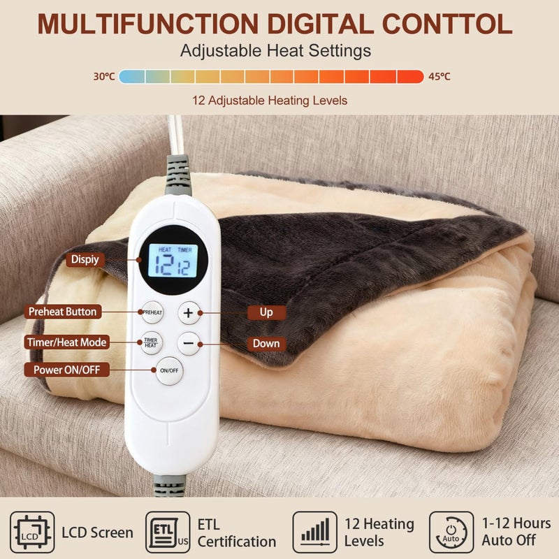 Eastsora Electric Heated Blanket Throw 50" x 60" Soft Dual-Sided Flannel Fast Heating 12 Heat Levels 1â€“12H Timer & Overheat Protection & Auto Shut-Off & Machine Washable (Milky White & Gray) - Image 2