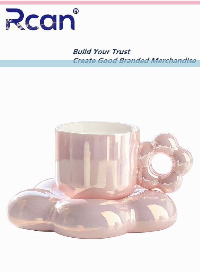 Rcan - Flower Shape Pearlescent Pink Coffee Cup Saucer Set Ceramic Cup Gift Tea Cup Afternoon Tea, Water, Juice, Coffe Milk Breakfast Coffee Mug for Women Adults Gift, 300ML/11oz - Image 1