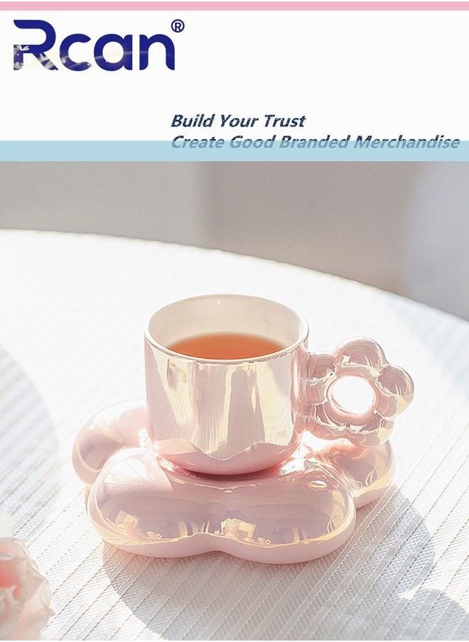 Rcan - Flower Shape Pearlescent Pink Coffee Cup Saucer Set Ceramic Cup Gift Tea Cup Afternoon Tea, Water, Juice, Coffe Milk Breakfast Coffee Mug for Women Adults Gift, 300ML/11oz - Image 1