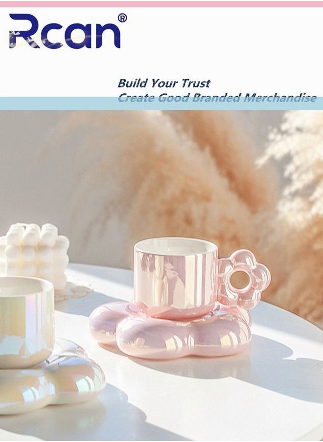 Rcan - Flower Shape Pearlescent Pink Coffee Cup Saucer Set Ceramic Cup Gift Tea Cup Afternoon Tea, Water, Juice, Coffe Milk Breakfast Coffee Mug for Women Adults Gift, 300ML/11oz - Image 1