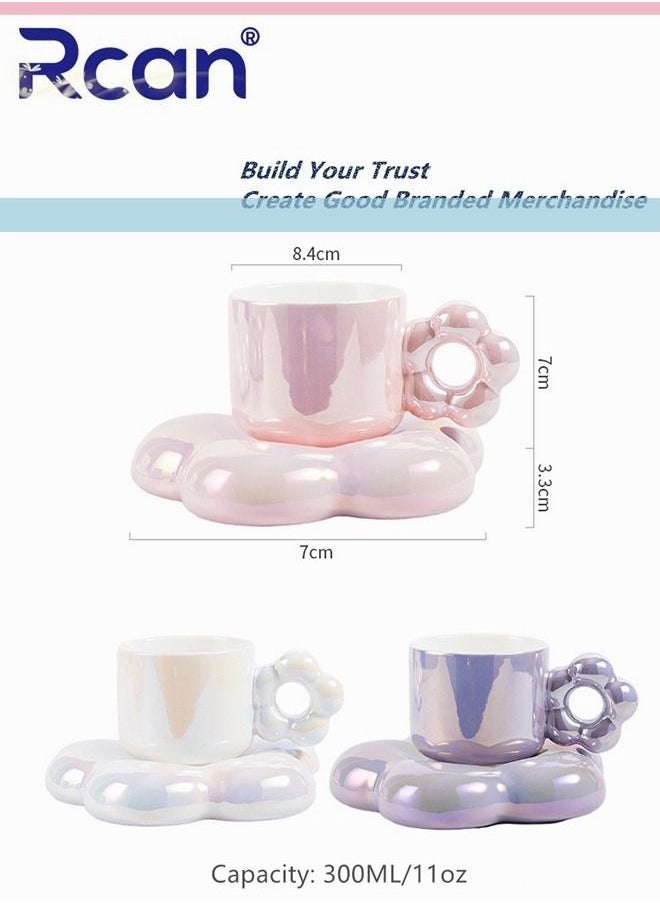 Rcan - Flower Shape Pearlescent Pink Coffee Cup Saucer Set Ceramic Cup Gift Tea Cup Afternoon Tea, Water, Juice, Coffe Milk Breakfast Coffee Mug for Women Adults Gift, 300ML/11oz - Image 1
