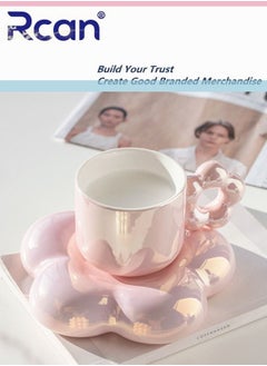 Flower Shape Pearlescent Pink Coffee Cup Saucer Set Ceramic Cup Gift Tea Cup Afternoon Tea, Water, Juice, Coffe Milk Breakfast Coffee Mug for Women Adults Gift, 300ML/11oz