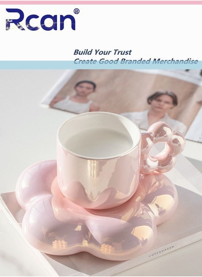 Rcan - Flower Shape Pearlescent Pink Coffee Cup Saucer Set Ceramic Cup Gift Tea Cup Afternoon Tea, Water, Juice, Coffe Milk Breakfast Coffee Mug for Women Adults Gift, 300ML/11oz - Image 1