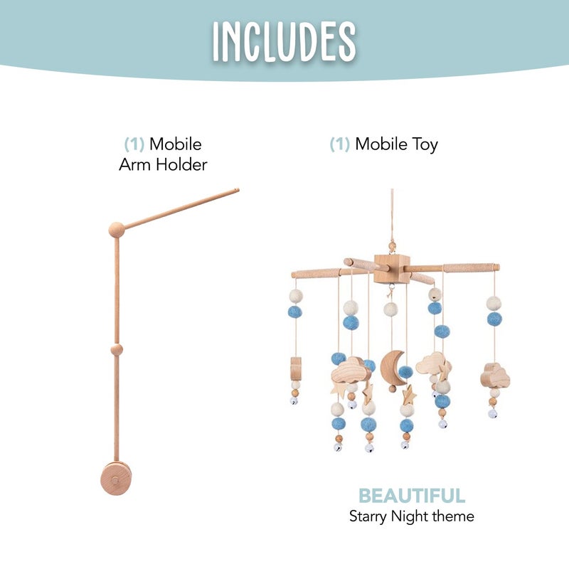 BlueMello Starry Night Baby Mobile Toy and Mobile Arm Holder 2 in 1 Set for Crib  Wooden Beads and Stars Bed Hanger for Boys and Girls  Hanging Nursery Decor for Bassinet  Perfect Baby Shower Gift - Image 2